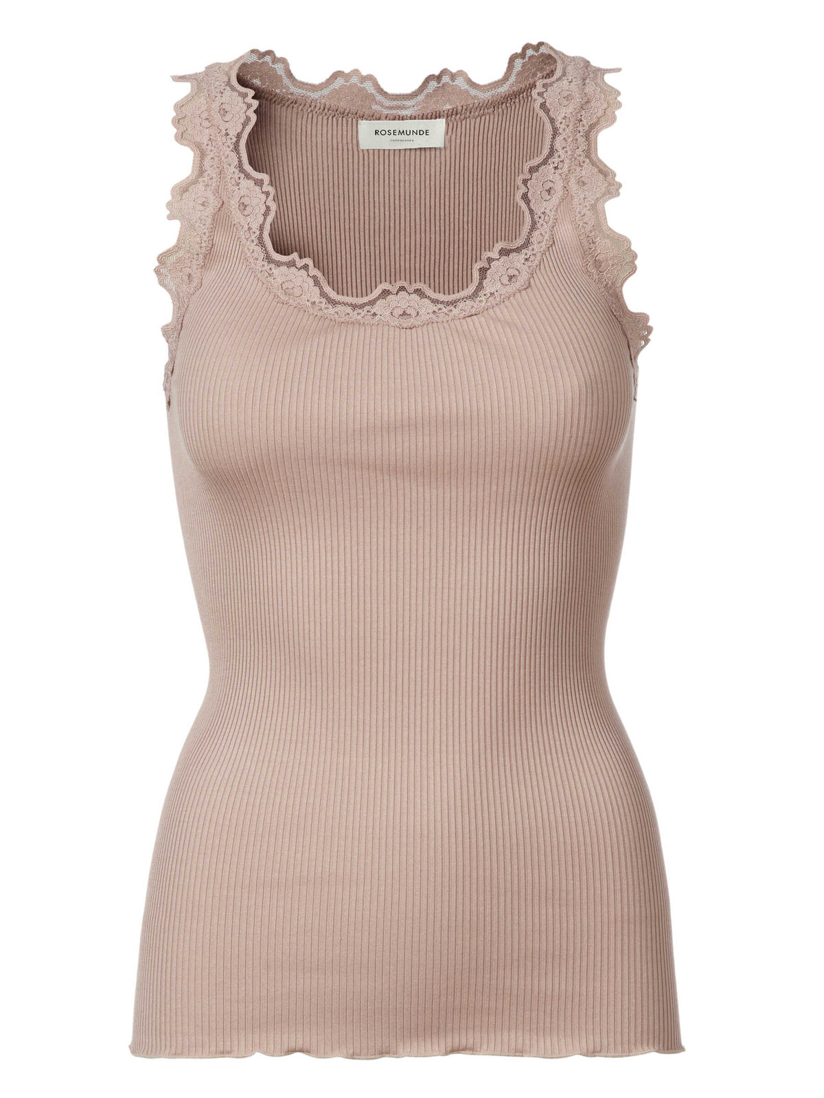 Rosemunde Babette singlet i silke og bomull med blondekant i vintage powder – lett og feminin undertøystopp for kvinner