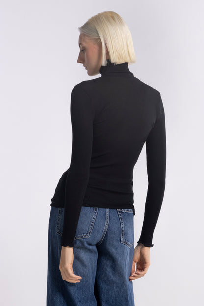 Oscalito ull og silke polo lang erm ribbestrikk sort