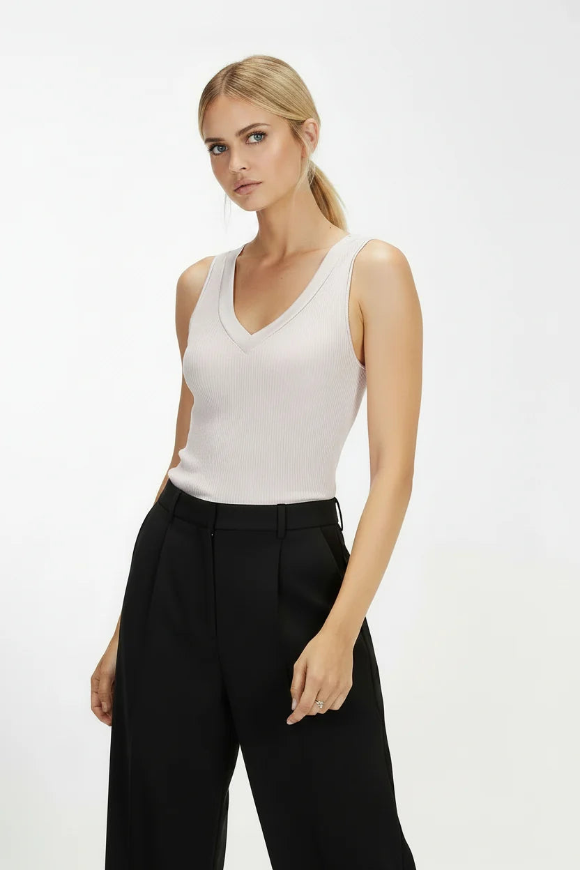 Oscalito ull og silke singlet ribbestrikk satengkant champagne