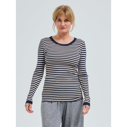 Seamless Basic genser i 100 % silke med lange ermer og striper i navy – sømløs og luksuriøs silkegenser for kvinner