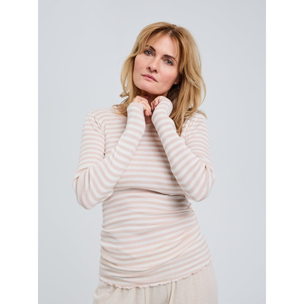 Seamless Basic genser 100% silke lang erm striper pudderrosa
